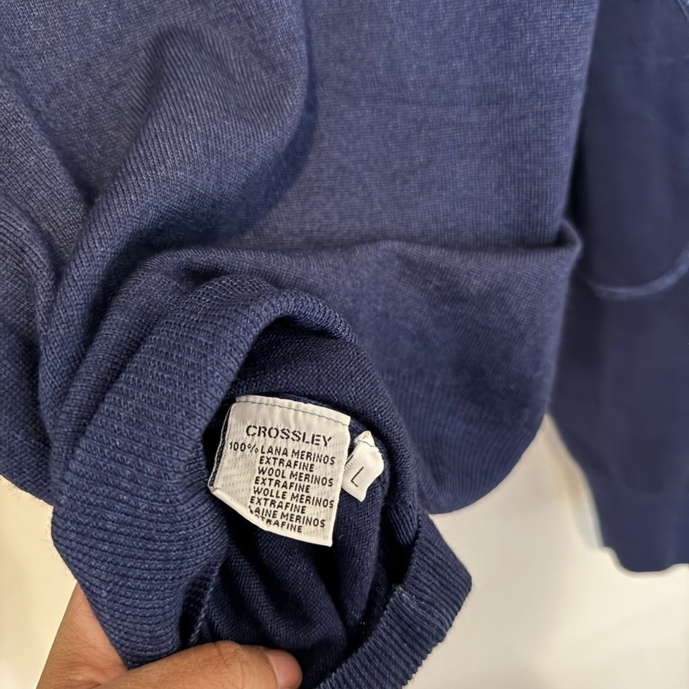 .CROSSLEY Merino Wool V-Neck Sweater w. Elbow Patches in Blue size Men’s L Large - Picture 4 of 4